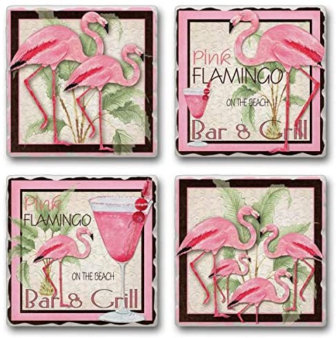 Highland Home Flamingo Bar and Grill Assorted Image Tumbled Tile Coaster Set - 4 Pack Made in The USA