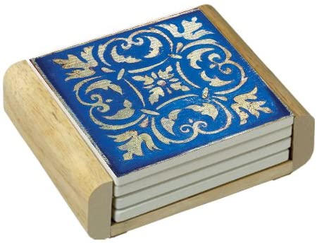 CounterArt Spanish Tiles-Blue Absorbent Coasters in Wooden Holder, Set of 4