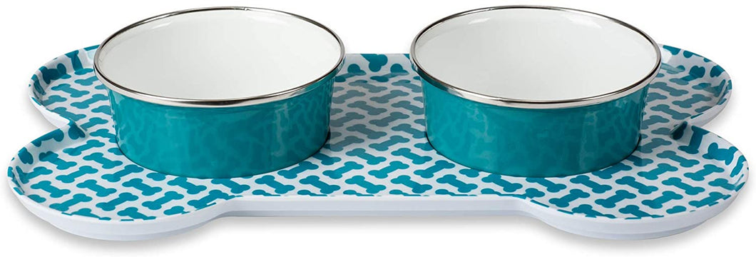 Sit-n-Stay Small Magnetic Non-Slip Pet Tray & Food Bowl Set (Teal)