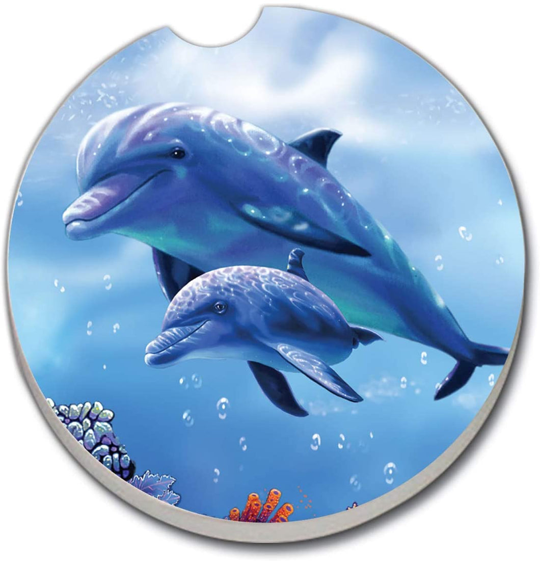 CounterArt Absorbent Stoneware Car Coaster, Dolphin with Baby, Set of 2