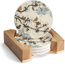 Load image into Gallery viewer, CounterArt Absorbent Round Stoneware Coaster Set with Wooden Holder - Dogwood Branch - Made in The USA
