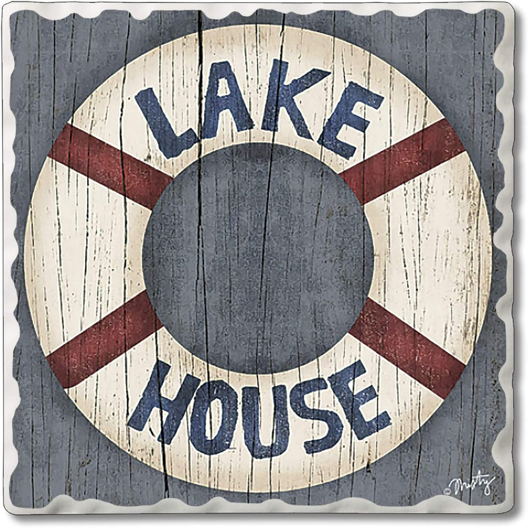 Highland Home Absorbent Tumbled Tile Stone Coaster Set - Lake House Life Preserver