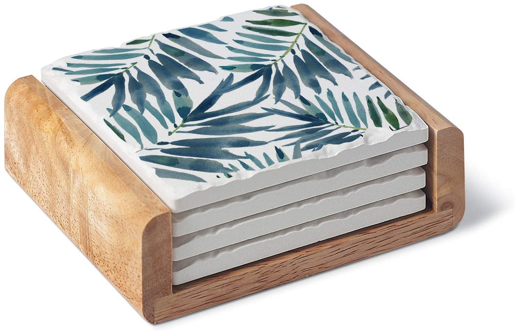 Highland Home Tumbled Tile Stone Coaster Set - Blue Palms with Wooden Holder