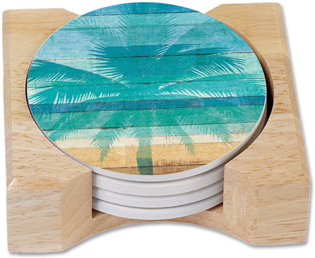 CounterArt Absorbent Stoneware Coaster Set with Wooden Holder - Beachscapes Palms
