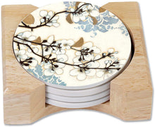 Load image into Gallery viewer, CounterArt Absorbent Round Stoneware Coaster Set with Wooden Holder - Dogwood Branch - Made in The USA
