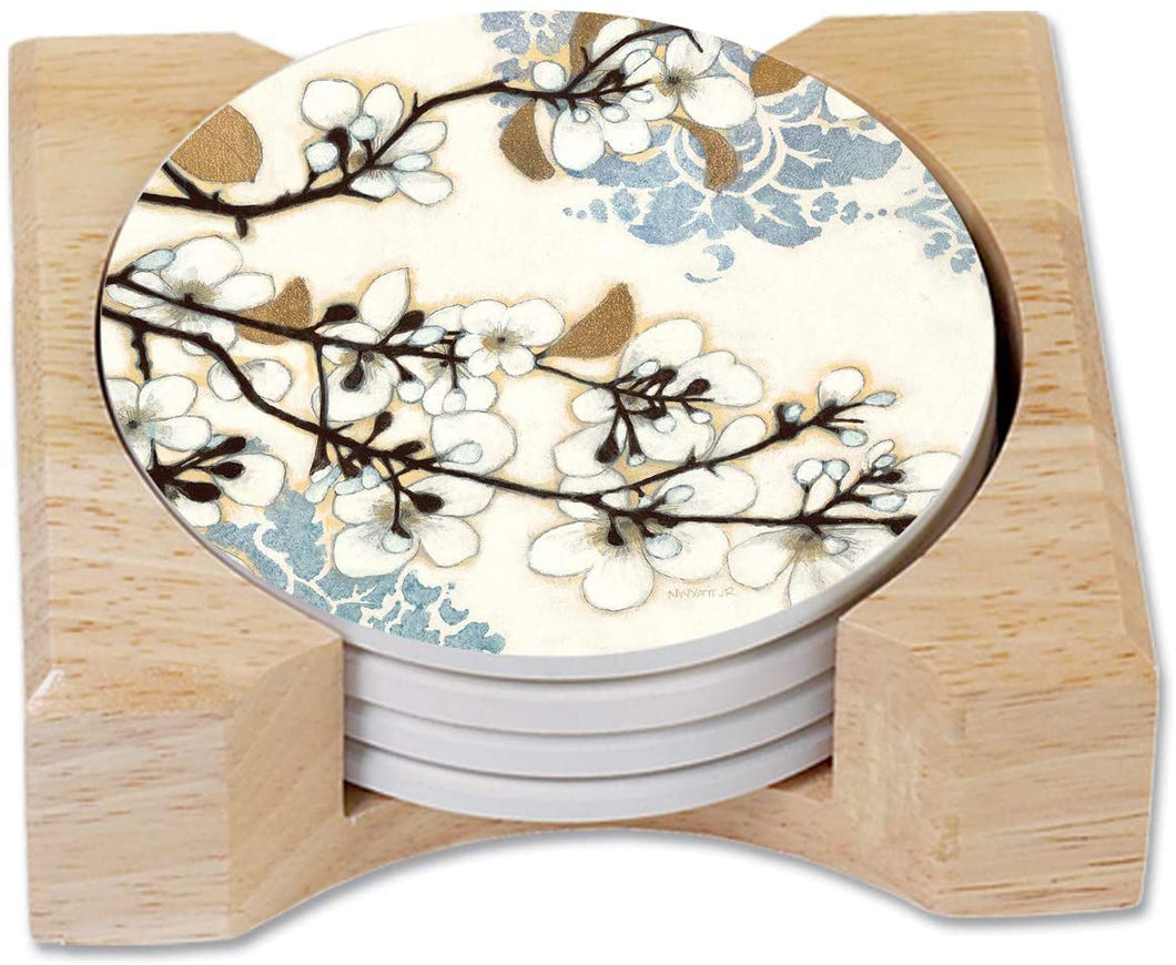 CounterArt Absorbent Round Stoneware Coaster Set with Wooden Holder - Dogwood Branch - Made in The USA