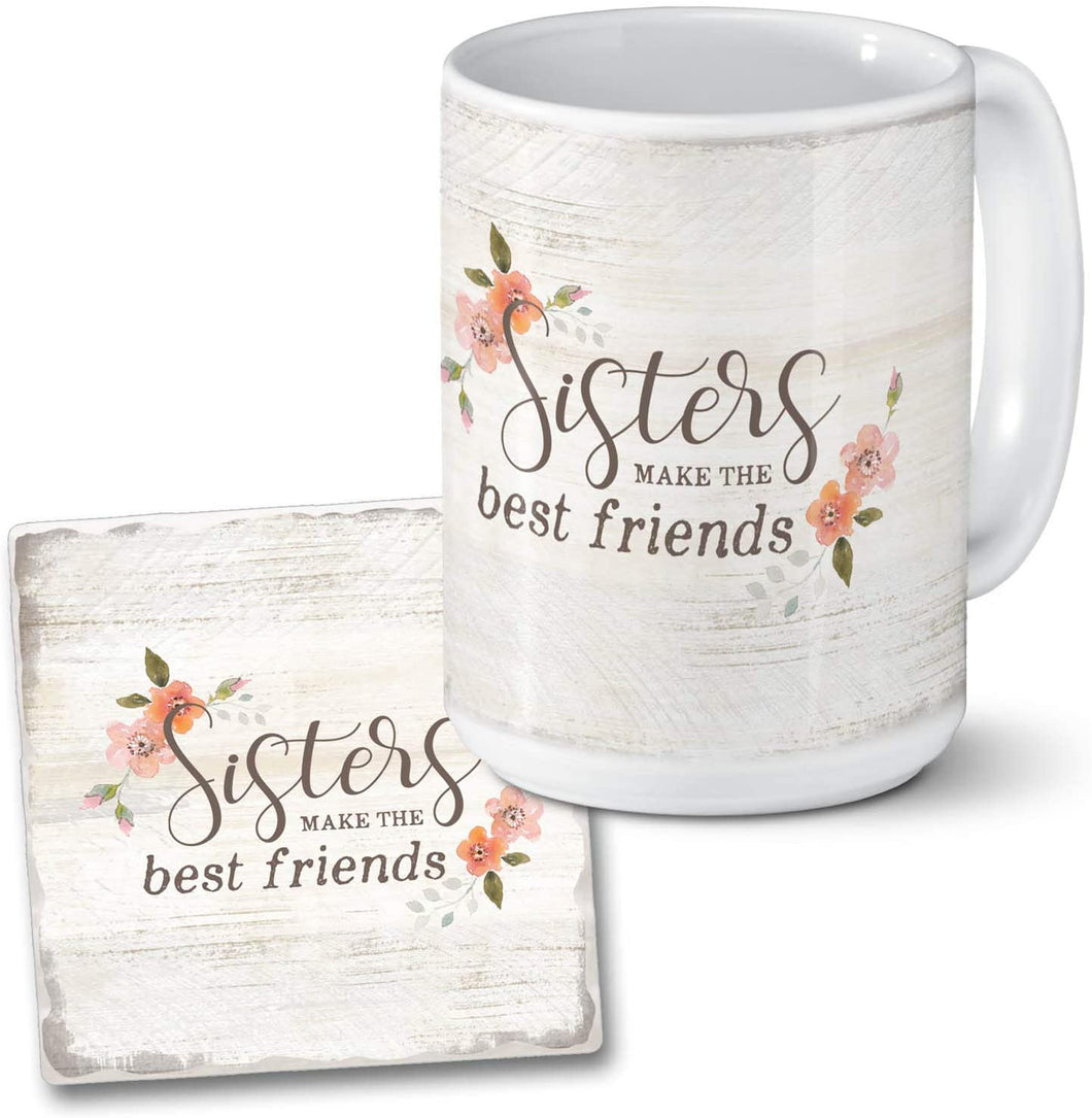 Highland Home Sisters Make Best Friends Ceramic 15 ounce Mug with Matching 4 inch Coaster