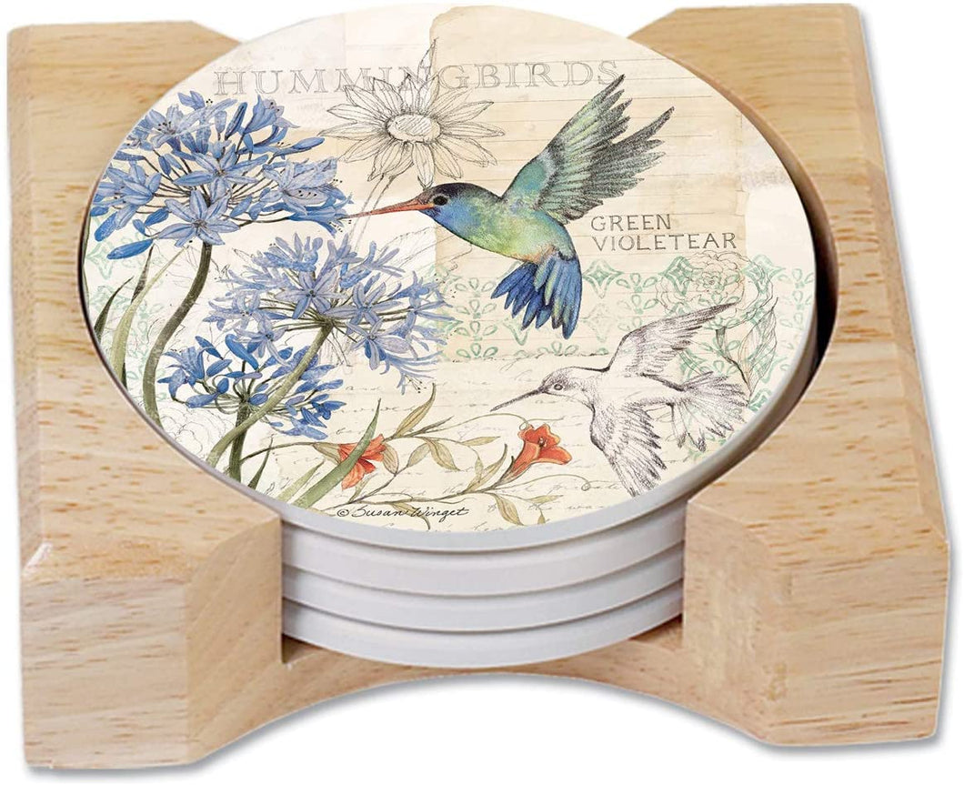 CounterArt Absorbent Stoneware Coaster Set with Wooden Holder - Green Violetear Hummingbird with Agapantha Bloom - Made in The USA