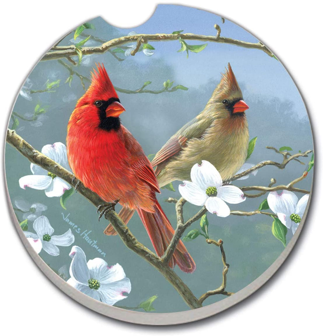 CounterArt Absorbent Stoneware Car Coaster, Beautiful Songbirds - Cardinals, Set of 2