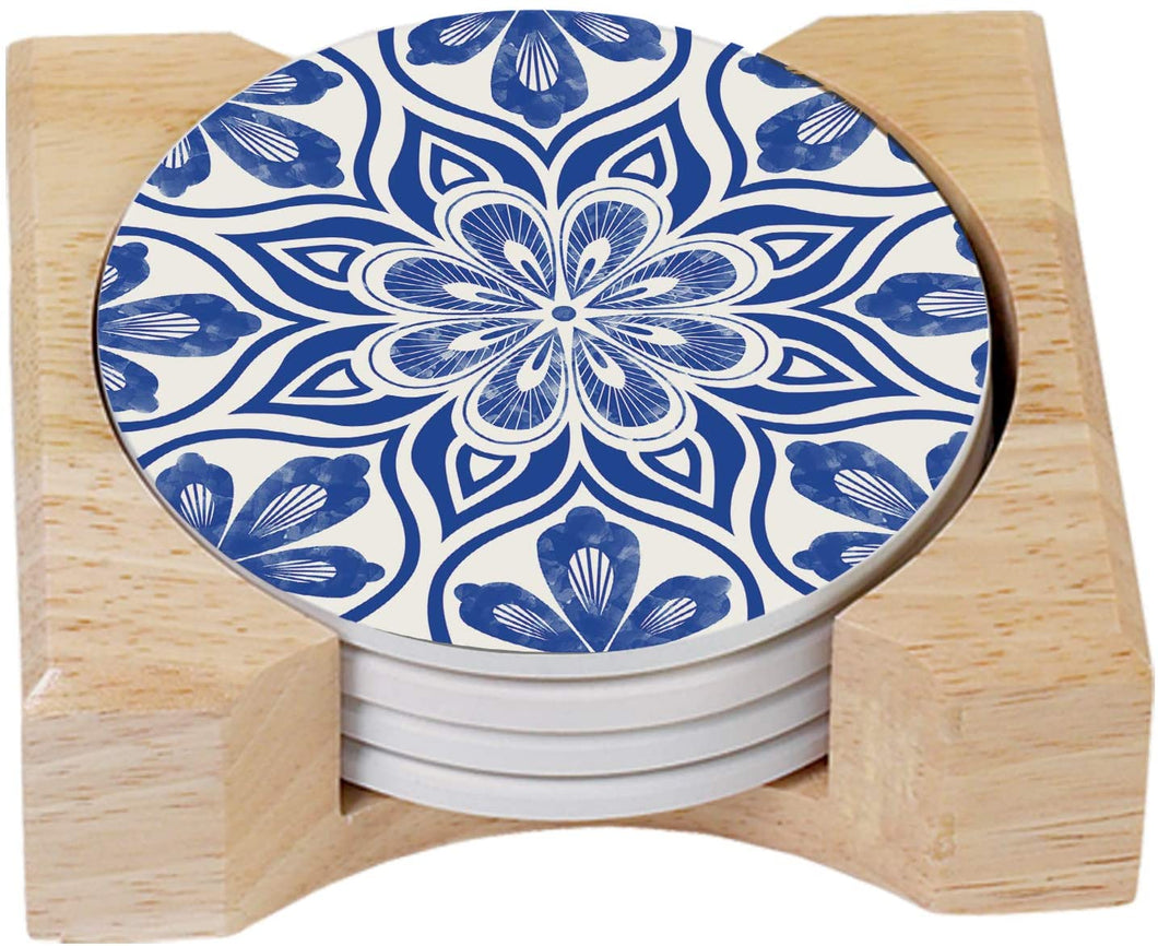 Highland Home Absorbent Round Stone Coaster Set With Wooden Holder - Blue Mandala