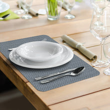 Load image into Gallery viewer, CounterArt Grey and Natural Basket Weave Design Reversible Easy Care Plastic Placemat Set of 4 Made in The USA
