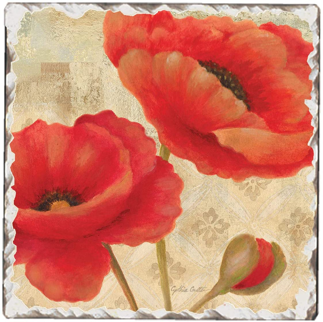 First Dawn Absorbent Stone Tumbled Tile Coasters, Elegant Red Poppies, Set of 4