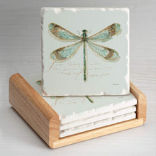 Load image into Gallery viewer, Highland Home Absorbent Tumbled Tile Stoneware Coaster Set with Wooden Holder - Rainbow Dragonfly - Made in The USA
