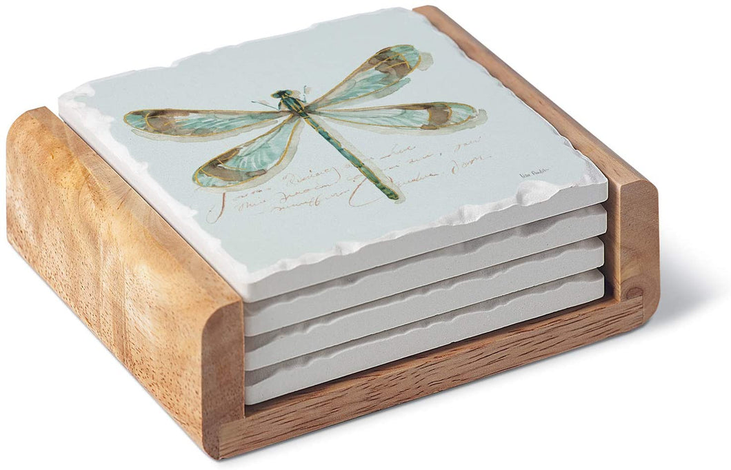 Highland Home Absorbent Tumbled Tile Stoneware Coaster Set with Wooden Holder - Rainbow Dragonfly - Made in The USA