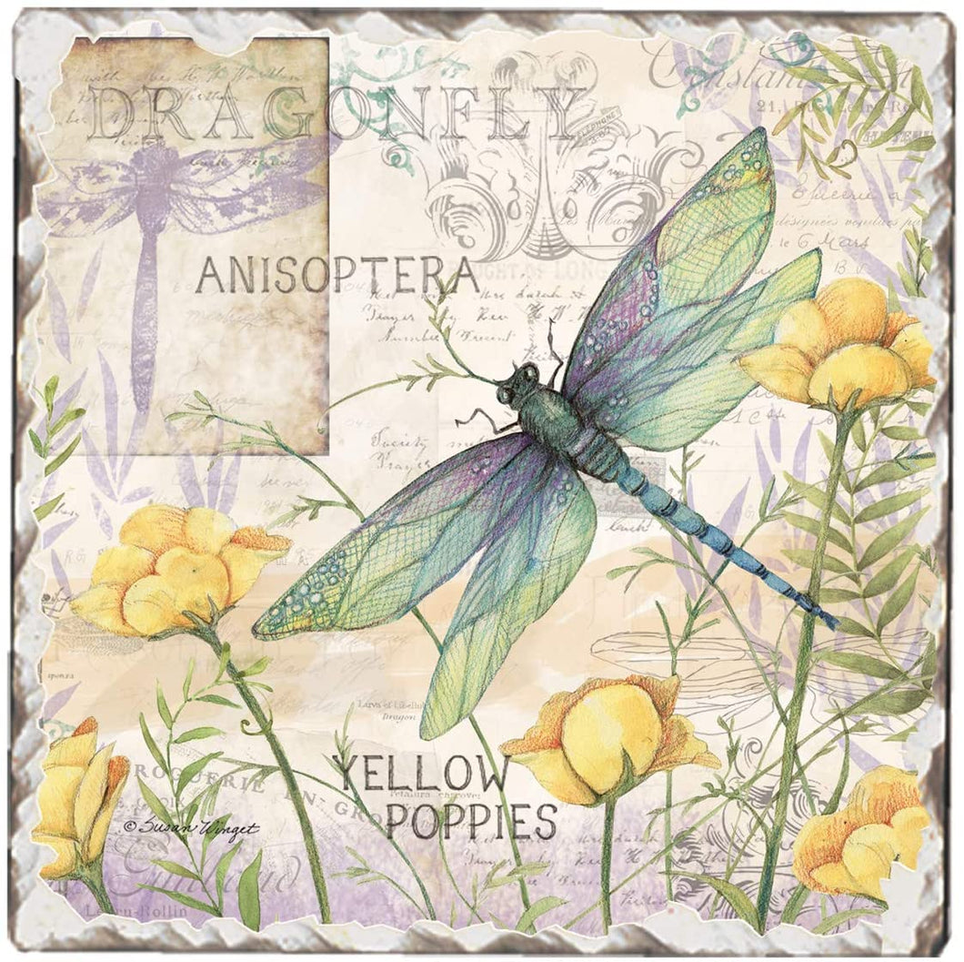 First Dawn Absorbent Stone Tumbled Tile Coasters, Dragonfly Poppies, Set of 4