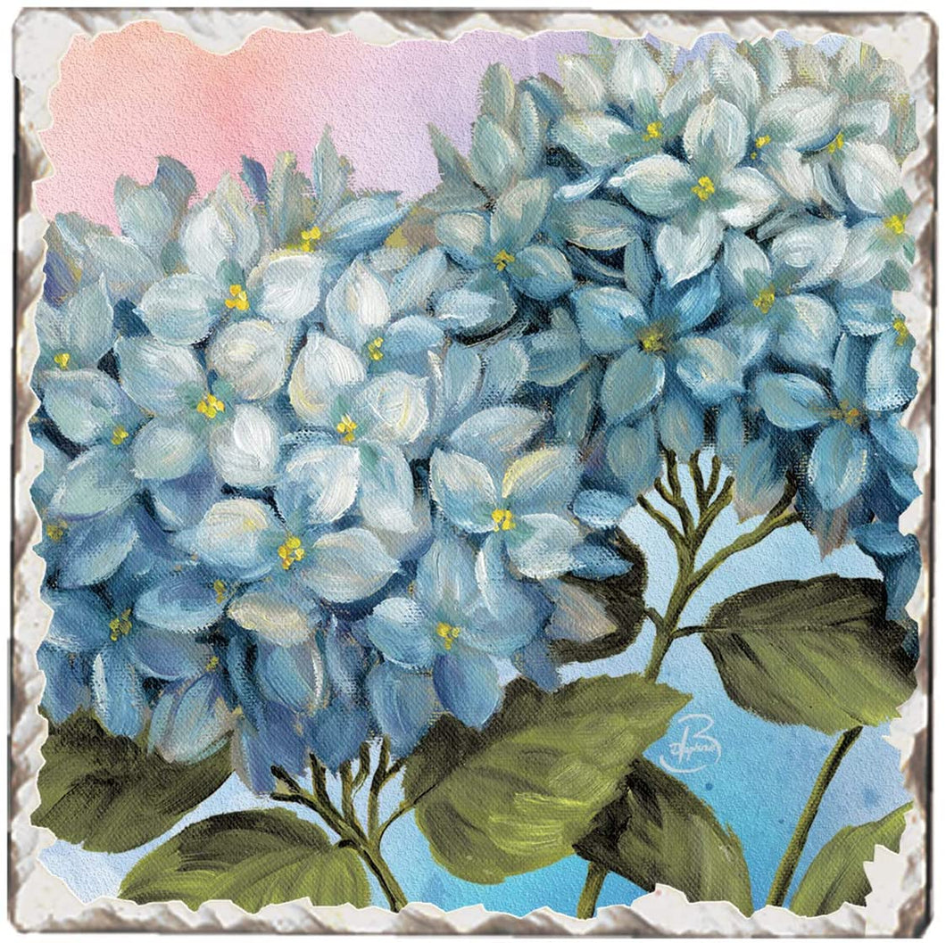 First Dawn Absorbent Stone Tumbled Tile Coasters, Hydrangea Bloom, Set of 4