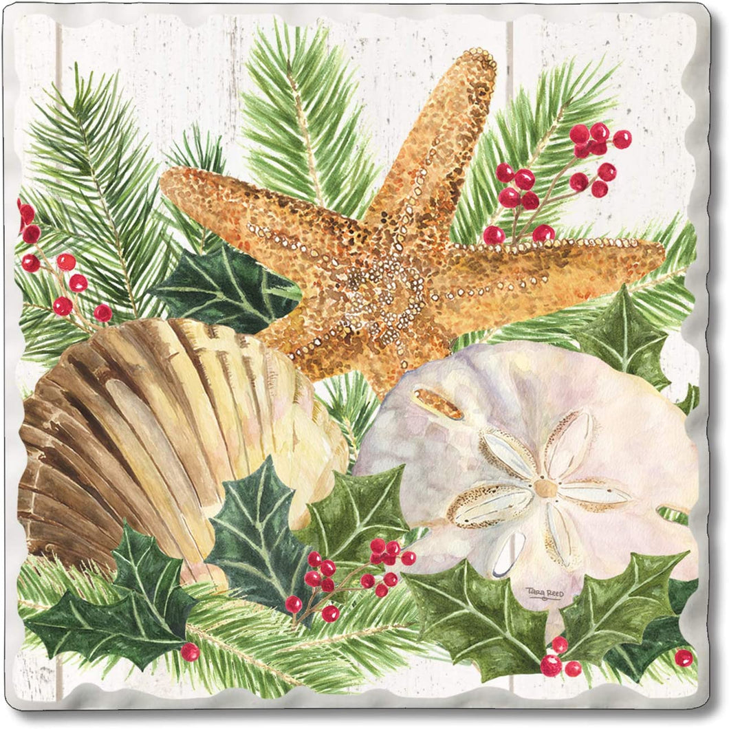 Counterart Absorbent Tumbled Tile Stone Coaster Set - Christmas by The Sea