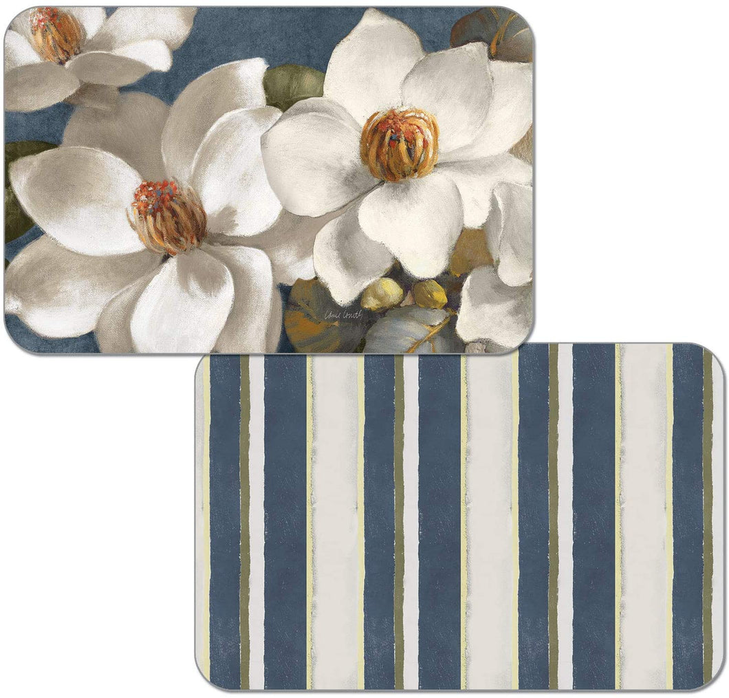 Counterart Magnolia On Blue Reversible Rectangular Wipe Clean Placemat Set of 4 Made in The USA