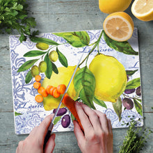 Load image into Gallery viewer, CounterArt Tempered Glass Counter Saver 10” x 8” Lemons and Olives - Printed in the USA
