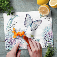 Load image into Gallery viewer, CounterArt Butterfly Hydrangea Tempered Glass Counter Saver/Cutting Board 10&quot; x 8&quot; Made in the USA
