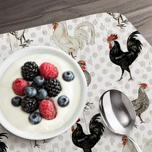Load image into Gallery viewer, CounterArt Free Range Roosters and Stripes Reversible Easy Care Set of Four Placemats, Made in The USA
