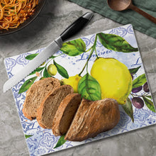 Load image into Gallery viewer, CounterArt Tempered Glass Counter Saver 10” x 8” Lemons and Olives - Printed in the USA
