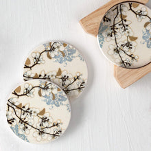 Load image into Gallery viewer, CounterArt Absorbent Round Stoneware Coaster Set with Wooden Holder - Dogwood Branch - Made in The USA
