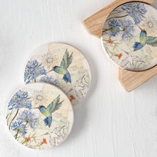 Load image into Gallery viewer, CounterArt Absorbent Stoneware Coaster Set with Wooden Holder - Green Violetear Hummingbird with Agapantha Bloom - Made in The USA
