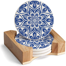 Load image into Gallery viewer, Highland Home Absorbent Round Stone Coaster Set With Wooden Holder - Blue Mandala
