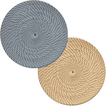 Load image into Gallery viewer, CounterArt Grey and Natural Basket Weave Design Round Reversible Easy Care Plastic Placemat Set of 4 Made in The USA
