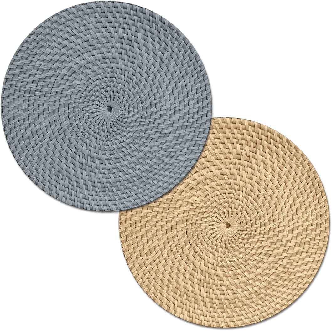 CounterArt Grey and Natural Basket Weave Design Round Reversible Easy Care Plastic Placemat Set of 4 Made in The USA