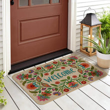 Load image into Gallery viewer, Counterart Natural Linen Look Decorative Low Profile Indoor/Outdoor Floor Mat with Recycled Rubber Back, Boho Welcome by Mary Tanana, Printed in The USA, 29.5” x 17.75”.
