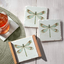 Load image into Gallery viewer, Highland Home Absorbent Tumbled Tile Stoneware Coaster Set with Wooden Holder - Rainbow Dragonfly - Made in The USA
