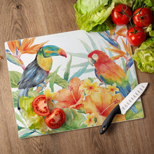 Load image into Gallery viewer, CounterArt Tropical Birds Tempered Glass Counter Saver/Cutting Board 15 inch by 12 inch Made in the USA
