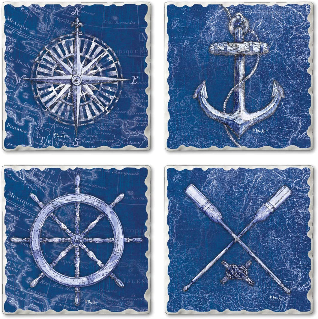 Highland Home Assorted Tumbled Tile Coaster Set - Vintage Nautical 4 Pack