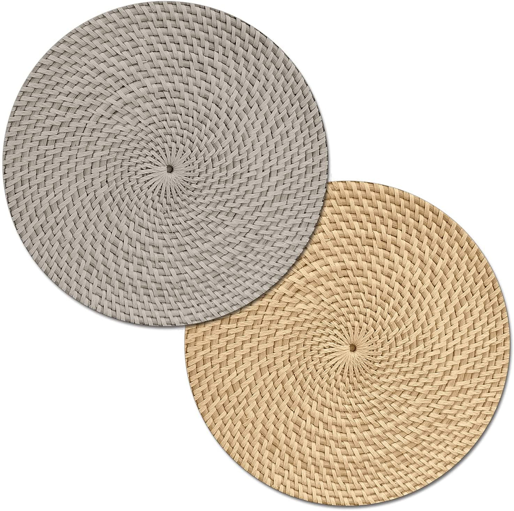 CounterArt Taupe and Natural Basket Weave Design Round Reversible Easy Care Plastic Placemat Set of 4 Made in The USA