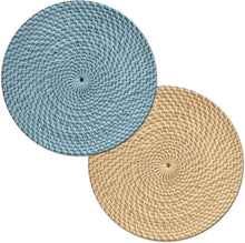 Load image into Gallery viewer, CounterArt Blue and Natural Basket Weave Design Round Reversible Easy Care Plastic Placemat Set of 4 Made in The USA
