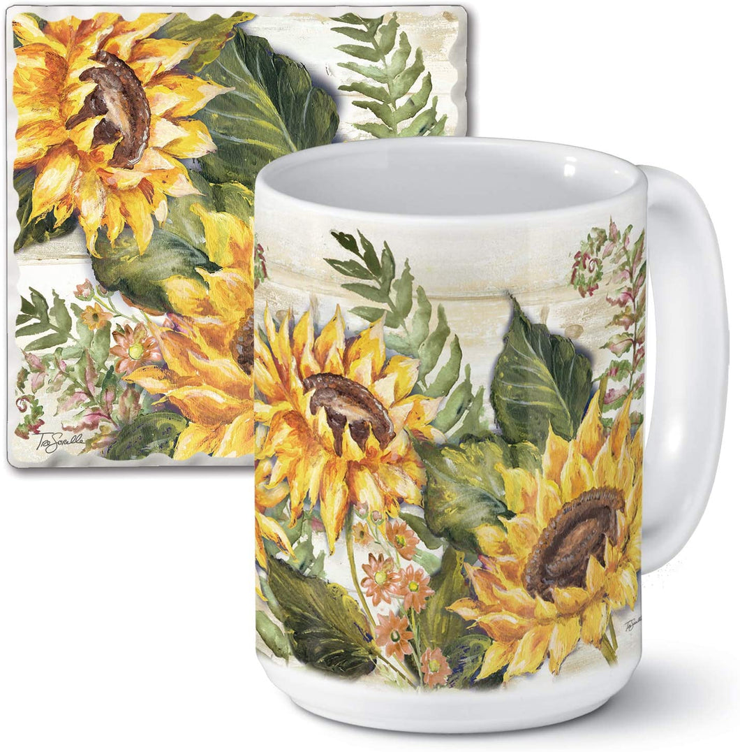 Highland Home Sunflowers Ceramic 15 ounce Mug with Matching 4 inch Coaster