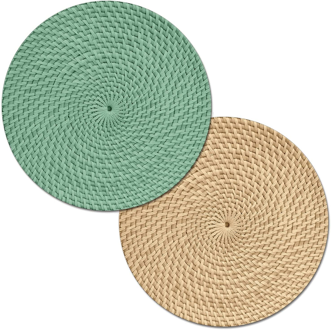 CounterArt Mint Green and Natural Basket Weave Design Round Reversible Easy Care Plastic Placemat Set of 4 Made in The USA