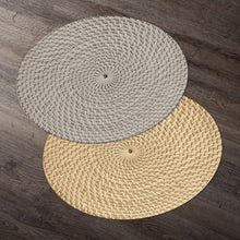 Load image into Gallery viewer, CounterArt Taupe and Natural Basket Weave Design Round Reversible Easy Care Plastic Placemat Set of 4 Made in The USA
