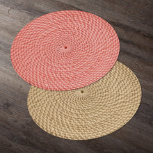 Load image into Gallery viewer, CounterArt Coral and Natural Basket Weave Design Round Reversible Easy Care Plastic Placemat Set of 4 Made in The USA
