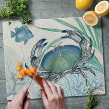 Load image into Gallery viewer, CounterArt Oceana Crab Tempered Glass Counter Saver Cutting Board 15 inch by 12 inch Made in the USA
