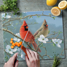 Load image into Gallery viewer, CounterArt Beautiful Songbirds Cardinal Tempered Glass Counter Saver/ Cutting Board 15” x 12”
