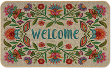 Load image into Gallery viewer, Counterart Natural Linen Look Decorative Low Profile Indoor/Outdoor Floor Mat with Recycled Rubber Back, Boho Welcome by Mary Tanana, Printed in The USA, 29.5” x 17.75”.
