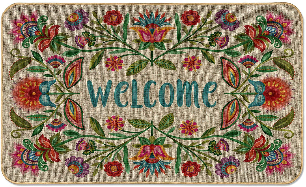 Counterart Natural Linen Look Decorative Low Profile Indoor/Outdoor Floor Mat with Recycled Rubber Back, Boho Welcome by Mary Tanana, Printed in The USA, 29.5” x 17.75”.